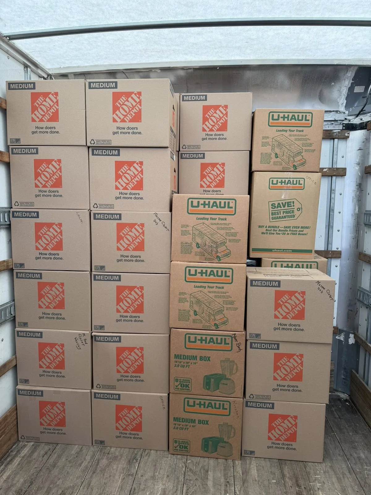 Organized moving boxes loaded for a Hands On Deck relocation